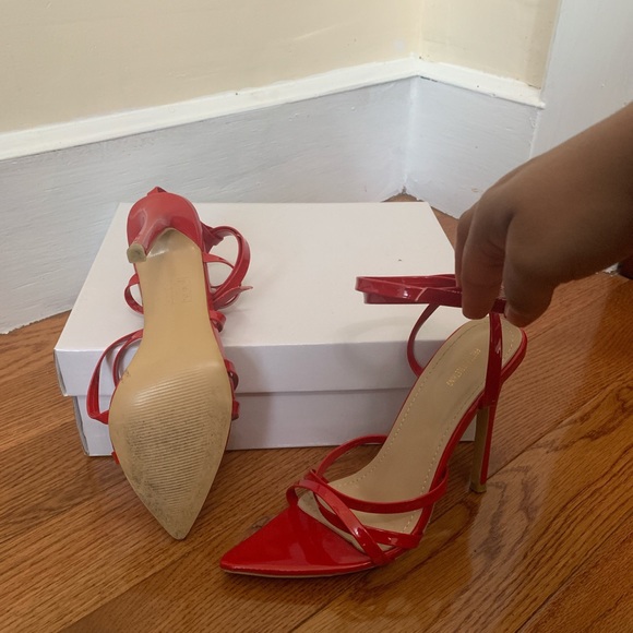 Red Strappy Patent Pointy Toe Heels - Picture 3 of 4